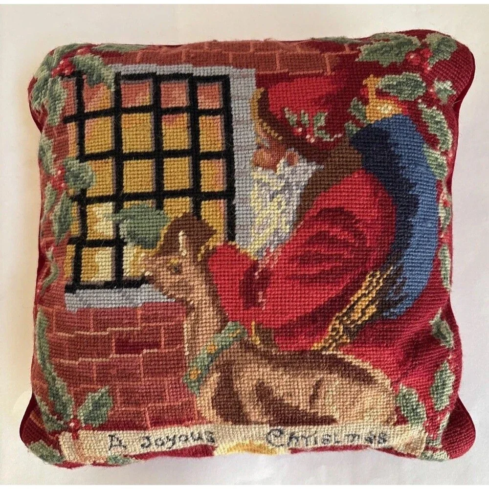Vintage Crewel A JOYOUS CHRISTMAS Pillow W/Removable Zip Cover 13”x13”